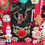 Thumbnail: Christmas diorama-trees-angels-deer head-snowman-pups-vintage ornaments-cardinals-black door-Santa-candy canes