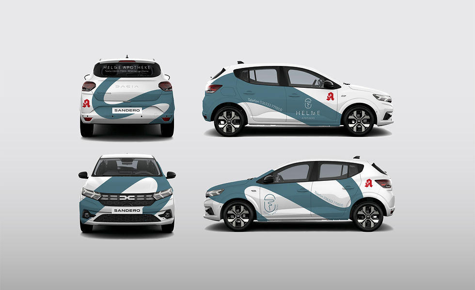 Visualisierung eines weißen Kleinwages von allen Seiten mit blauer fluider Folierung für d