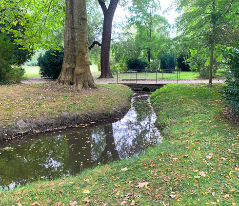 Kleiner Bachlauf mit Brücke in einer Parklandschaft – Beispiel für landschaftsplanerische Integration von Gewässern im urbanen Raum