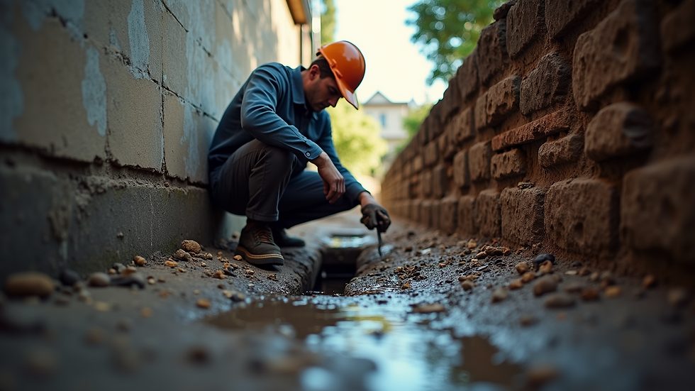 Eye-level view of a home inspector examining a sewer cleanout