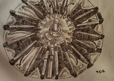 Navy Wings Stinson Reliant 42-46703; Engine Oil on Brown Paper