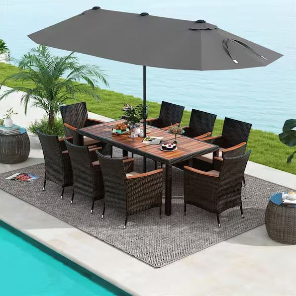 Brown 11-Piece Metal Rectangle 29 in. Outdoor Dining Set with 15 ft. Gray Double-Sided Patio Umbrella Cushions