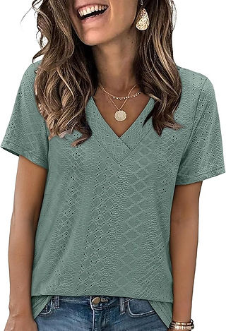 SAMPEEL Womens Summer Tops Trendy 2025 Eyelet Crossed V Neck T Shirts Loose Casual Short Sleeve Tshi