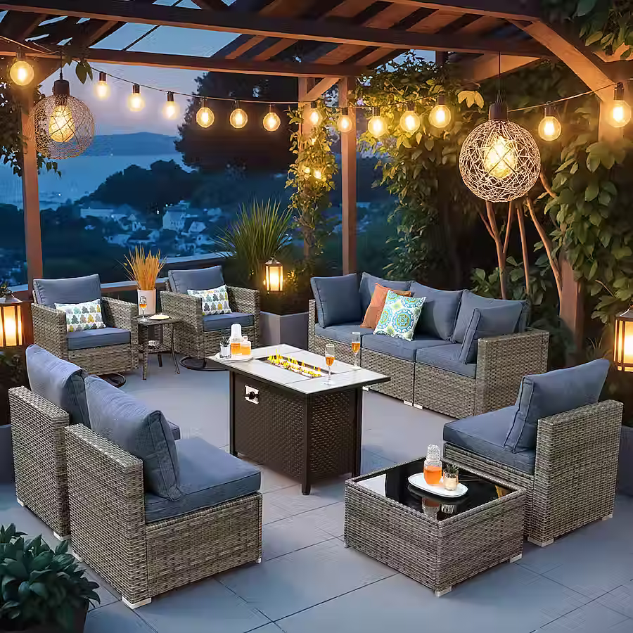 XIZZI Sunrise 11-Piece Rattan Patio Sofa Conversation Set with Blue Cushions