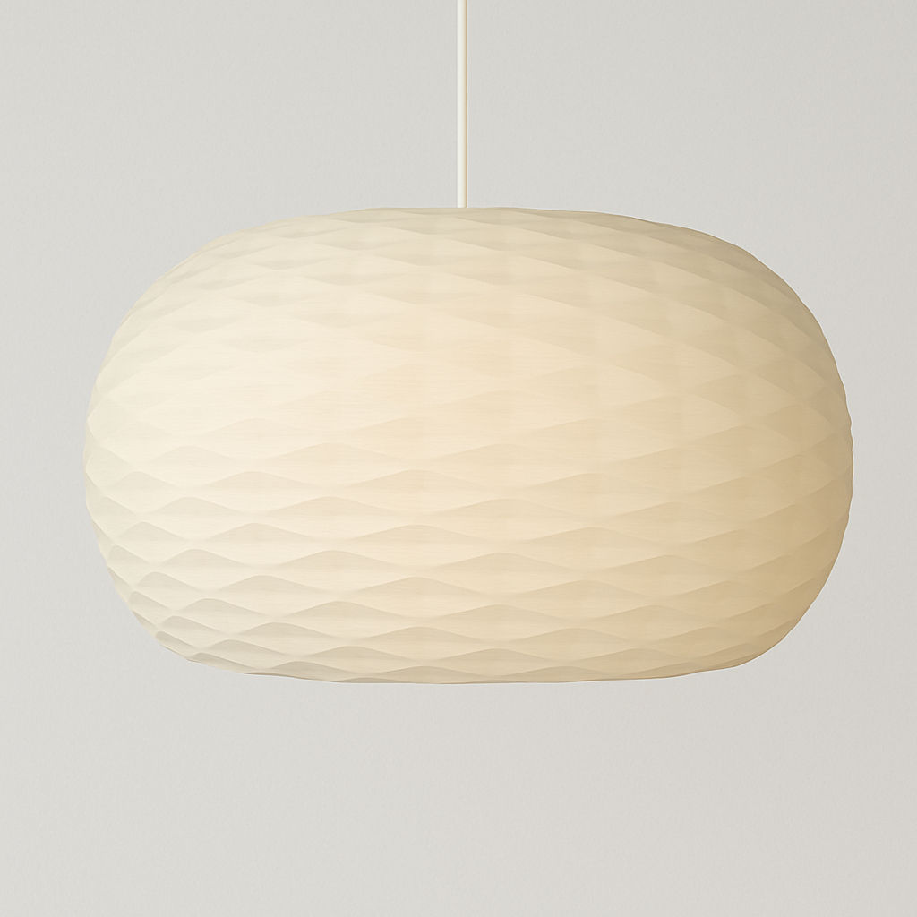Luminária oval branca pendurada. Luz suave, design moderno e minimalista em destaque.