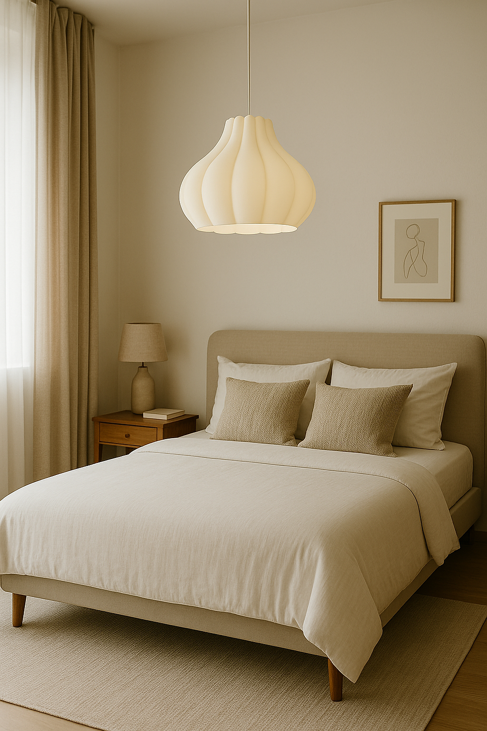 Miniatura: Quarto moderno com cama bege, abajur e arte emoldurada na parede.