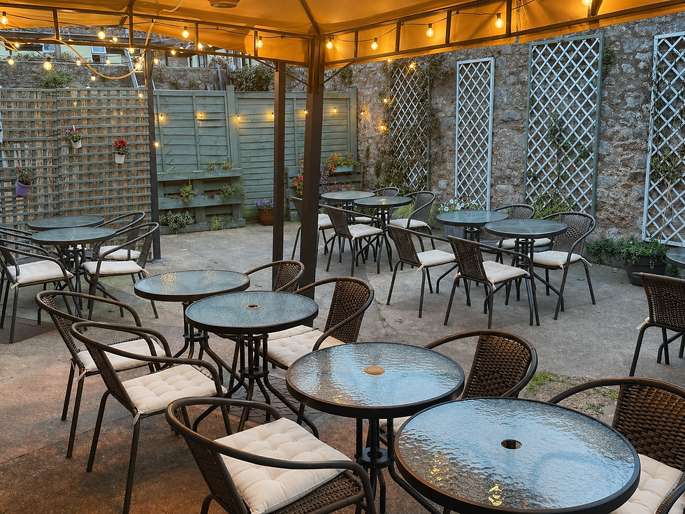 uncover seating area at the SGF village in cheddar, great places to eat 5 mins from the ch