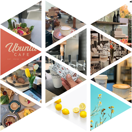 Collage of Ubuntu Cafe featuring coffee, food, lemons, flowers, dining setup, and cozy caf