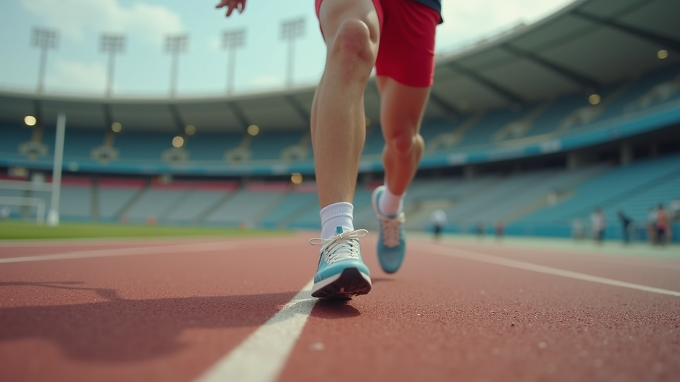Eye-level view of an athlete practicing on a track