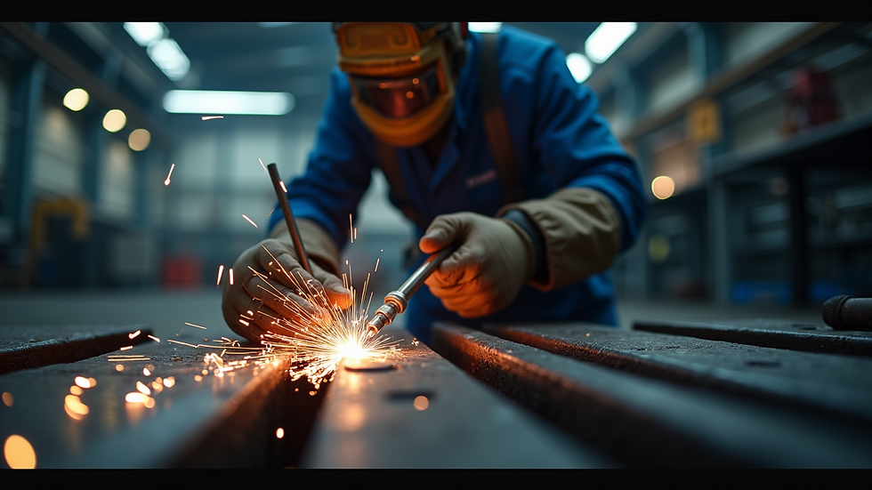 Eye-level view of welding repair on a heavy industrial machine arm