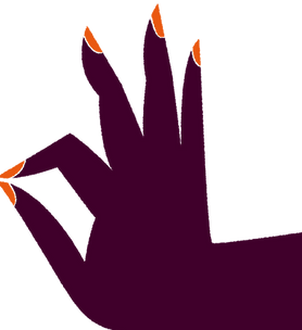 Ilustração estilizada de uma mão em tom vinho com unhas laranja, posicionada como se estivesse pegando ou segurando algo.