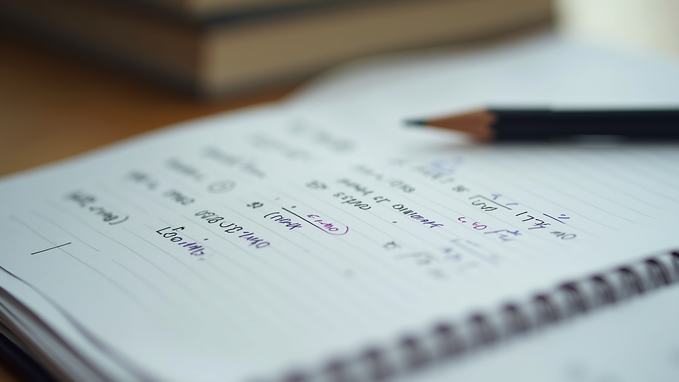 Close-up view of a notebook with math formulas and a pencil
