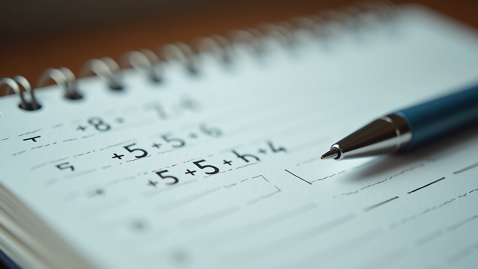 Close-up view of a notebook with math problems and a pen