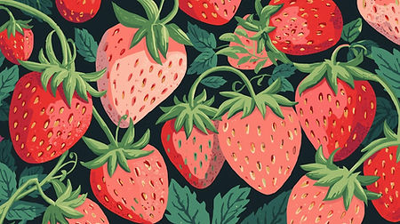 fraises stylisées avec ton rose, rouge, vert, dessin un peu naïf. On voit également les st