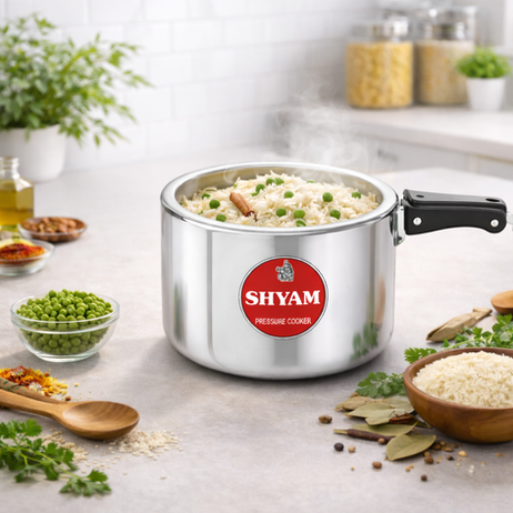 Deluxe aluminium pressure cooker in use while preparing fresh homemade food”