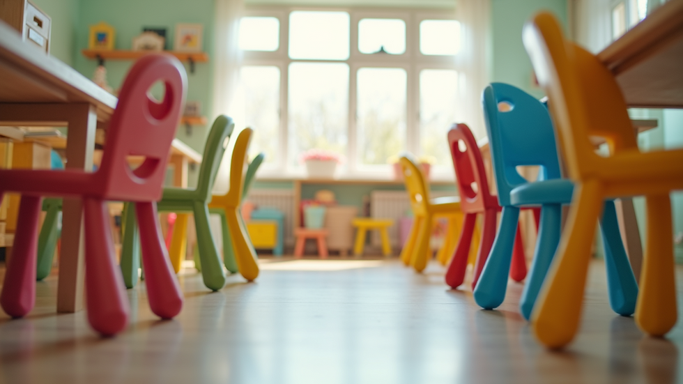 Eye-level view of a colorful and safe early childhood classroom with child-friendly furniture