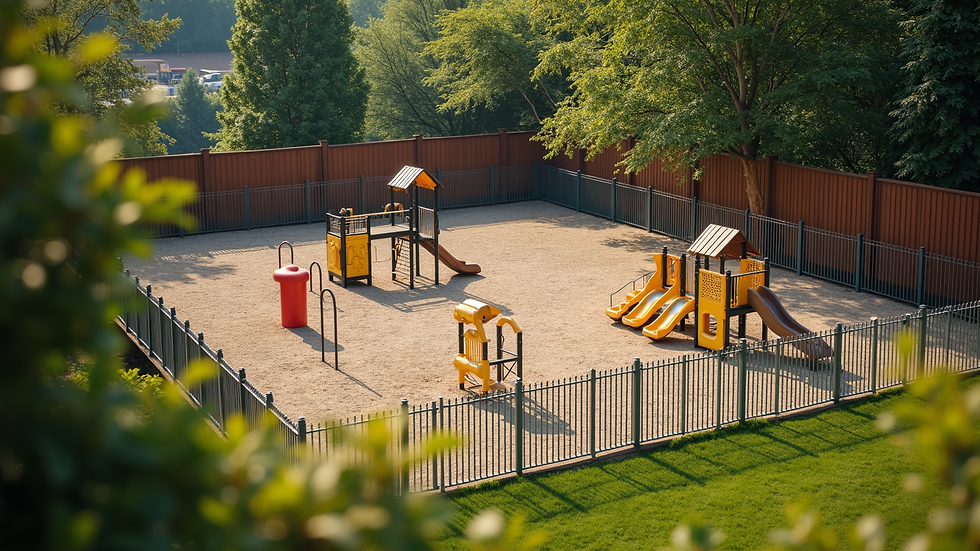 High angle view of a fenced outdoor playground with safe play equipment
