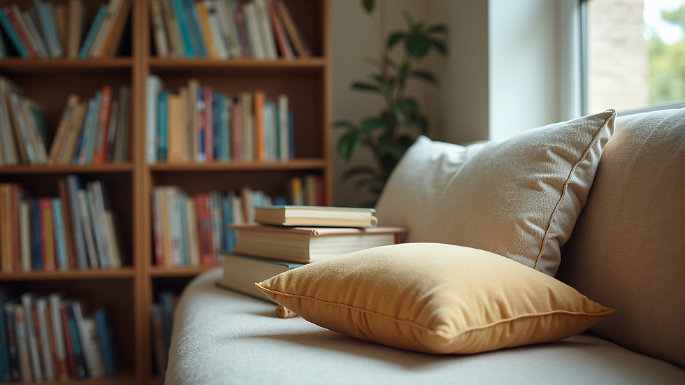 Close-up view of a classroom corner with books and soft cushions for a cozy reading area