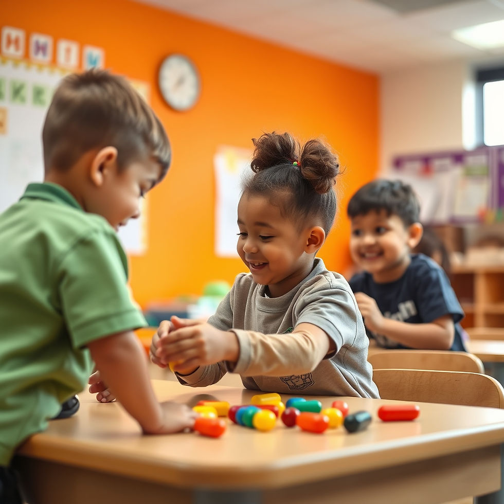 Eye-level view of a clean and bright classroom with colorful learning materials