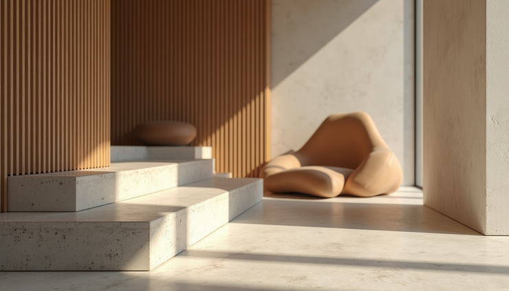 Nærbilde av moderne minimalistisk interiørdesign med naturlige materialer