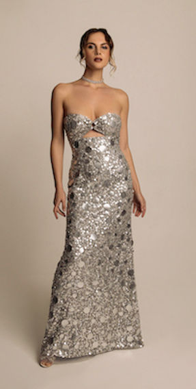 STYLE: JB1011 | LIGHT SILVER
Strapless 
Mermaid Gown 
with Ring Detail 
and Cut-out 
with Variegated 
Sequins, Paillettes, 
and Textured 
Paillettes.