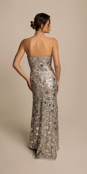 STYLE: JB1011 | LIGHT SILVER
Strapless 
Mermaid Gown 
with Ring Detail 
and Cut-out with Variegated Sequins, Paillettes, and 
Textured Paillettes.