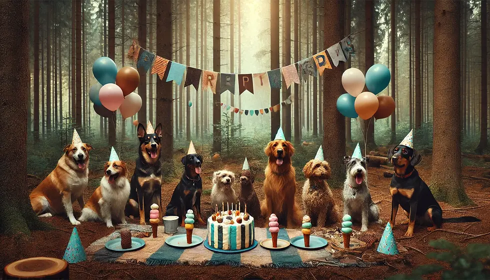 DALL·E 2024-10-19 17.02.13 - A festive scene in a natural forest celebrating a dog's birth
