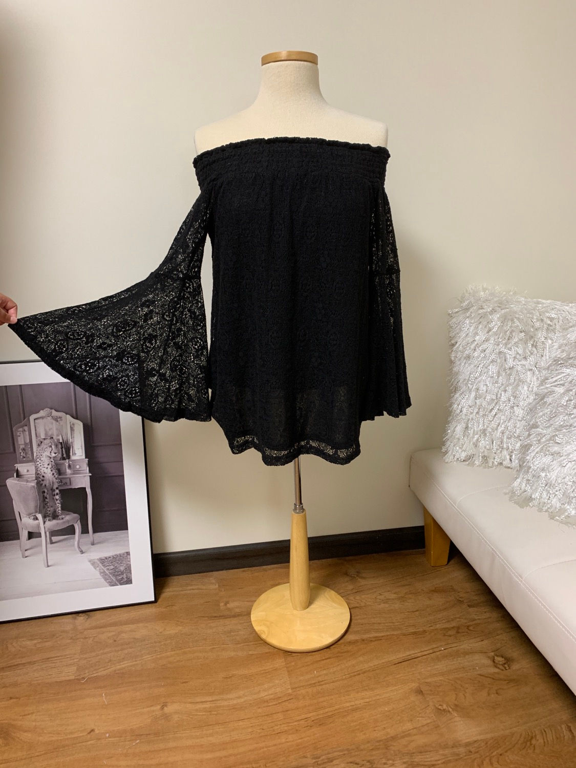 Black Boho Off Shoulder Bell Sleeve Lace Top.