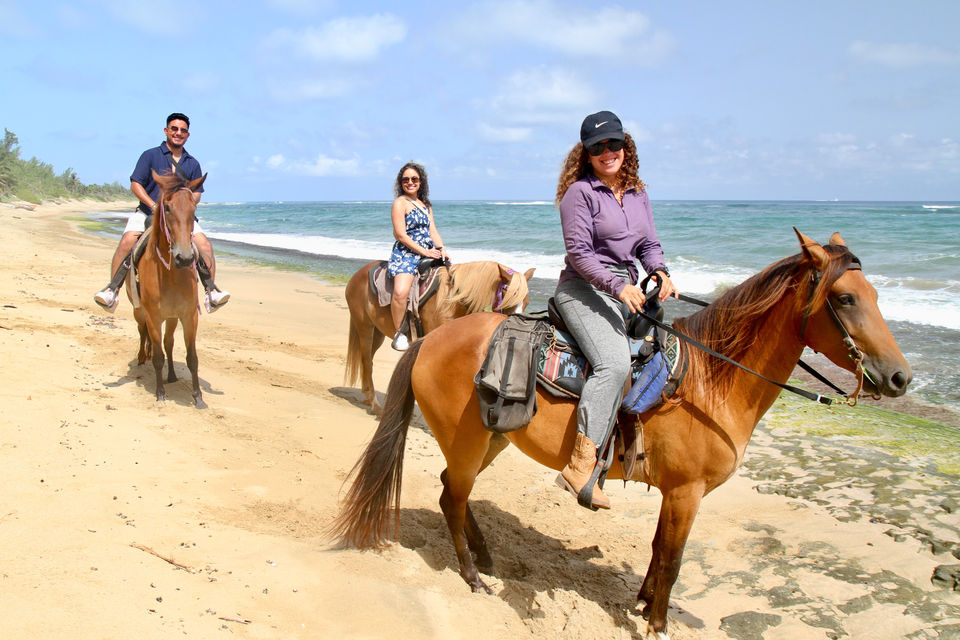 Three riders enjoy a scenic beach horseback ride.