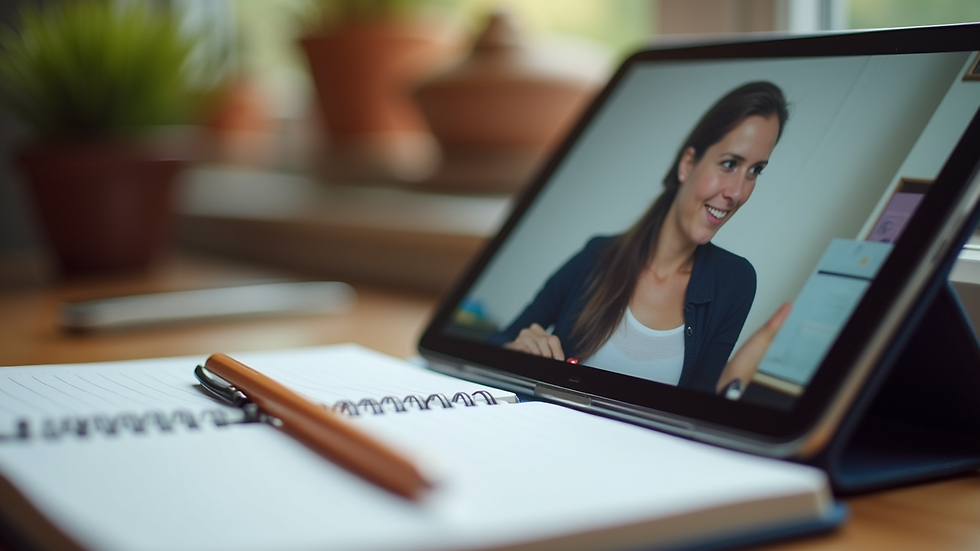 Eye-level view of a notebook with study notes and a tablet playing an educational video
