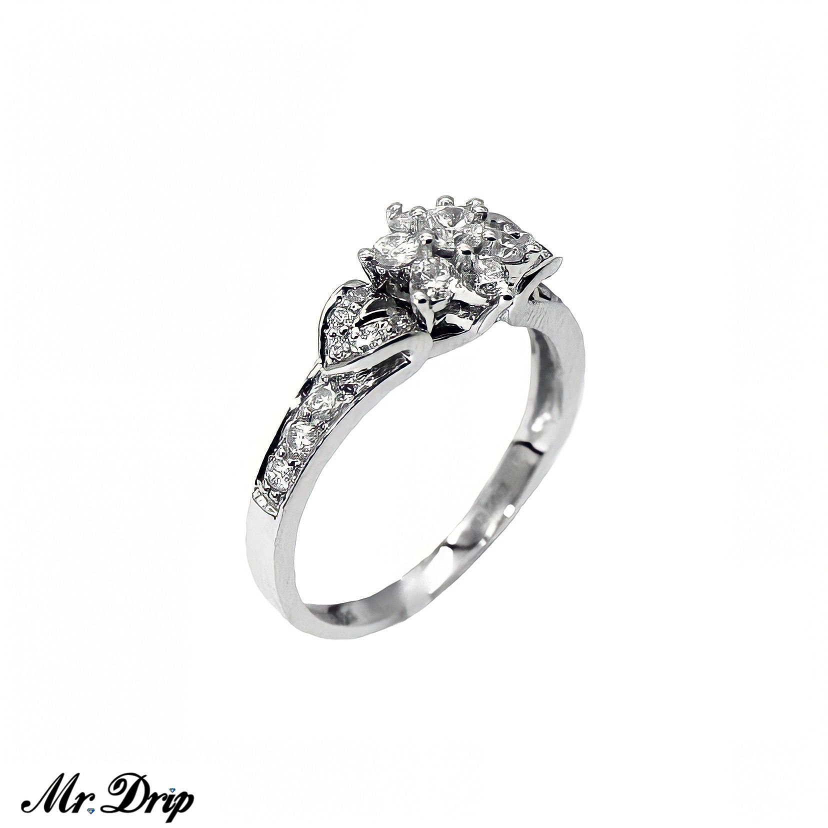 18K WHITE GOLD FLOWER BRILLIANT CUT DIAMOND RING .70CT
