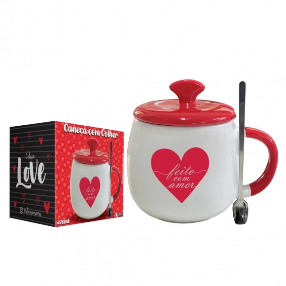 Miniatura: Caneca c/ Tampa em Cerâmica e Colher de Metal Love 420ml - Allmix
