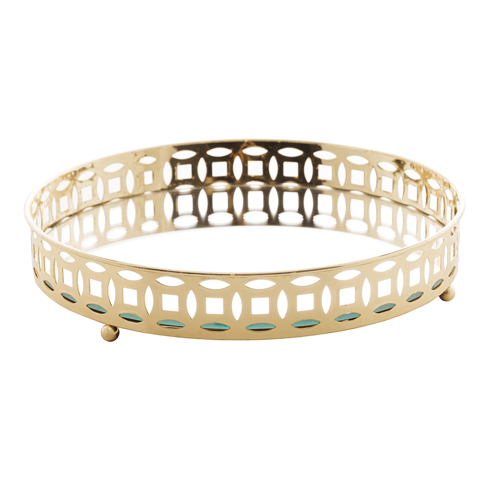 Bandeja em Metal Redonda c/ Espelho Singapura Dourado 25x4cm