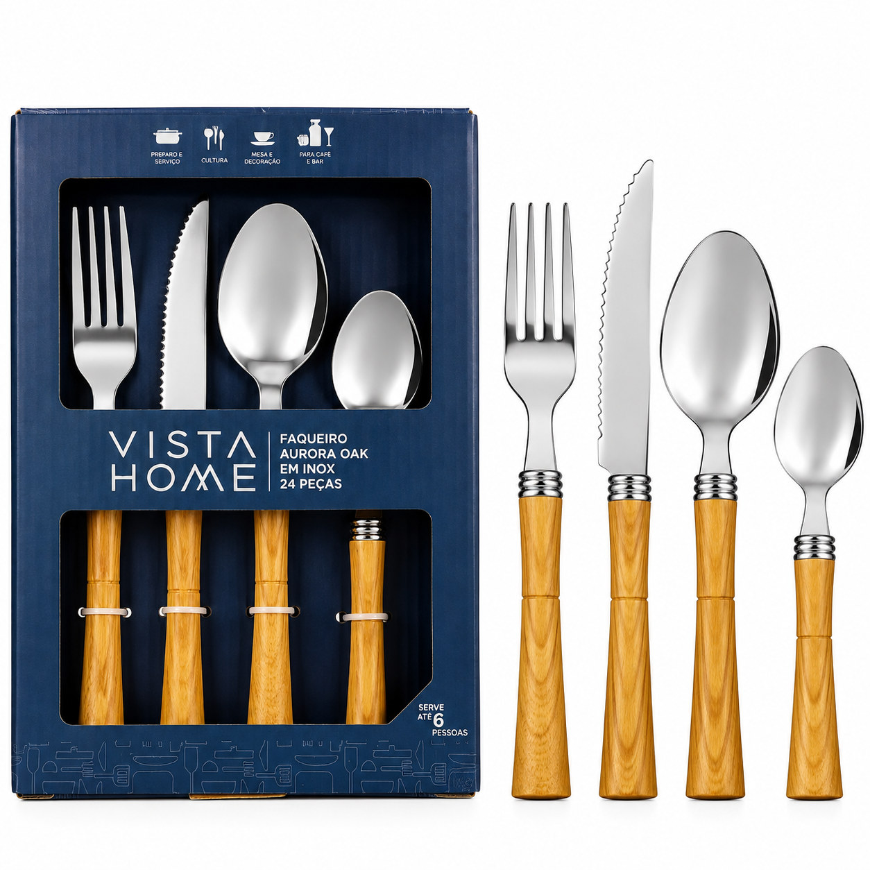 Faqueiro 24 Peças em Aço Inox Aurora Oak - Vista Home