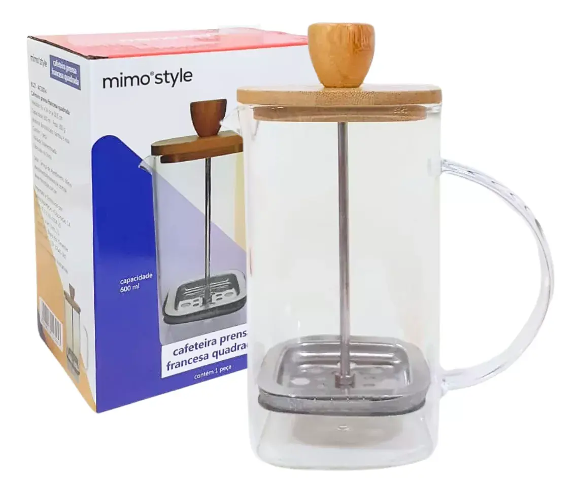 Cafeteira Prensa Francesa Quadrada c/ Tampa de Bambu 600ml - Mimo Style