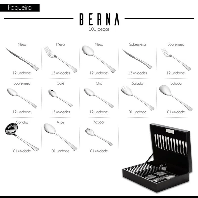 Miniatura: Faqueiro 101 Peças em Aço Inox Berna c/ Estojo - Wolff