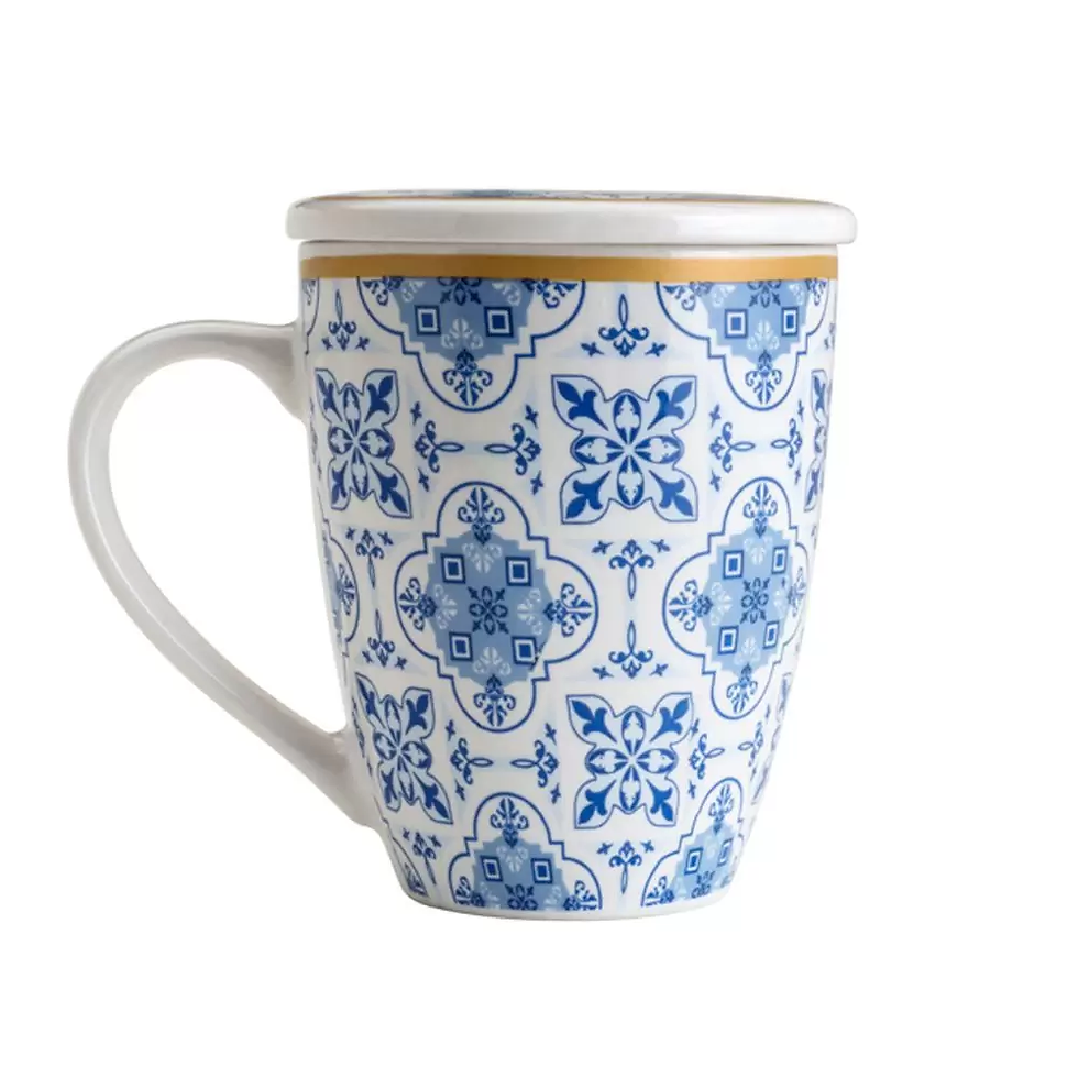 Caneca de Porcelana c/ Tampa e Feltro Lisboa Azul e Branco 310ml - Lyor