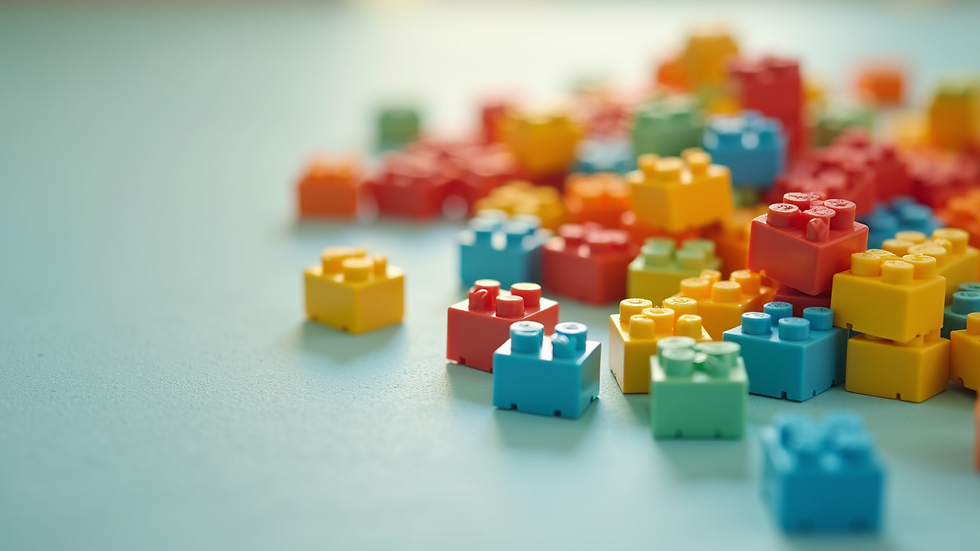 High angle view of colorful building blocks scattered on a soft mat