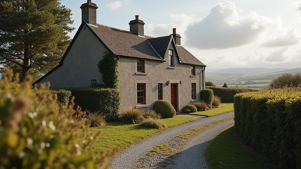 Wide angle view of a quaint Scottish cottage