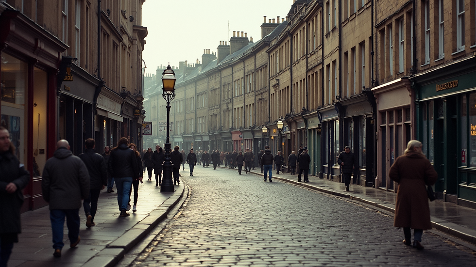 High angle view of Paisley streets with people gathering