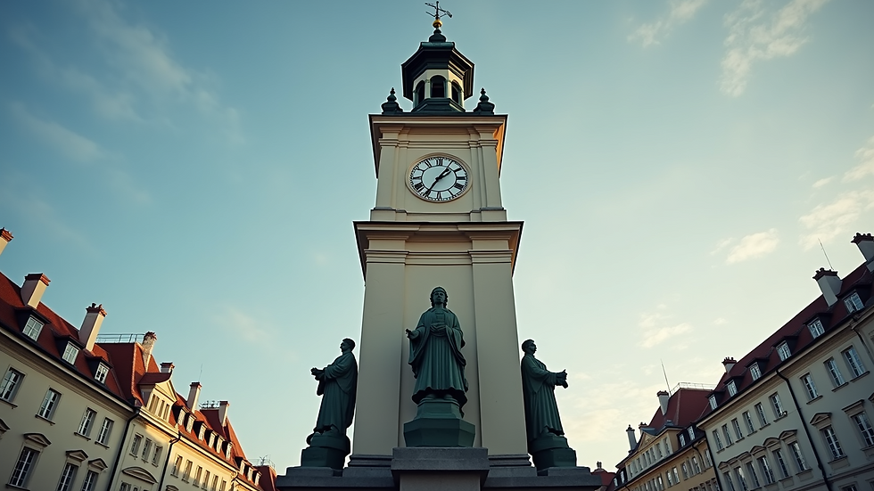 Eye-level view of the municipal clock tower adorned with seasonal statues