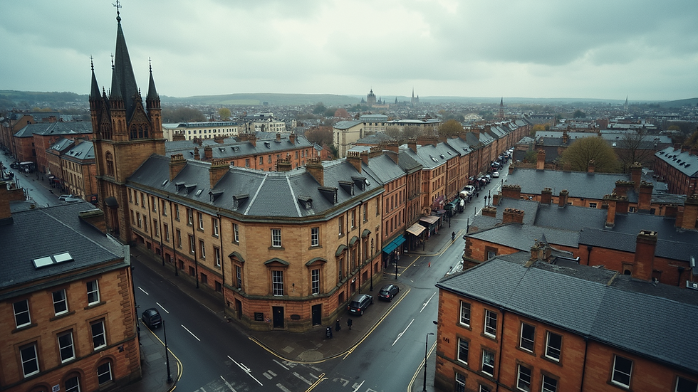 High angle view of Paisley town center with historic buildings