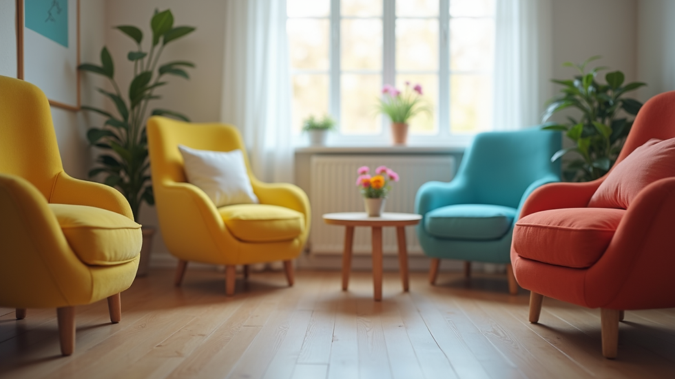 Close-up view of a child psychologist's consultation room with colourful cushions and a small table