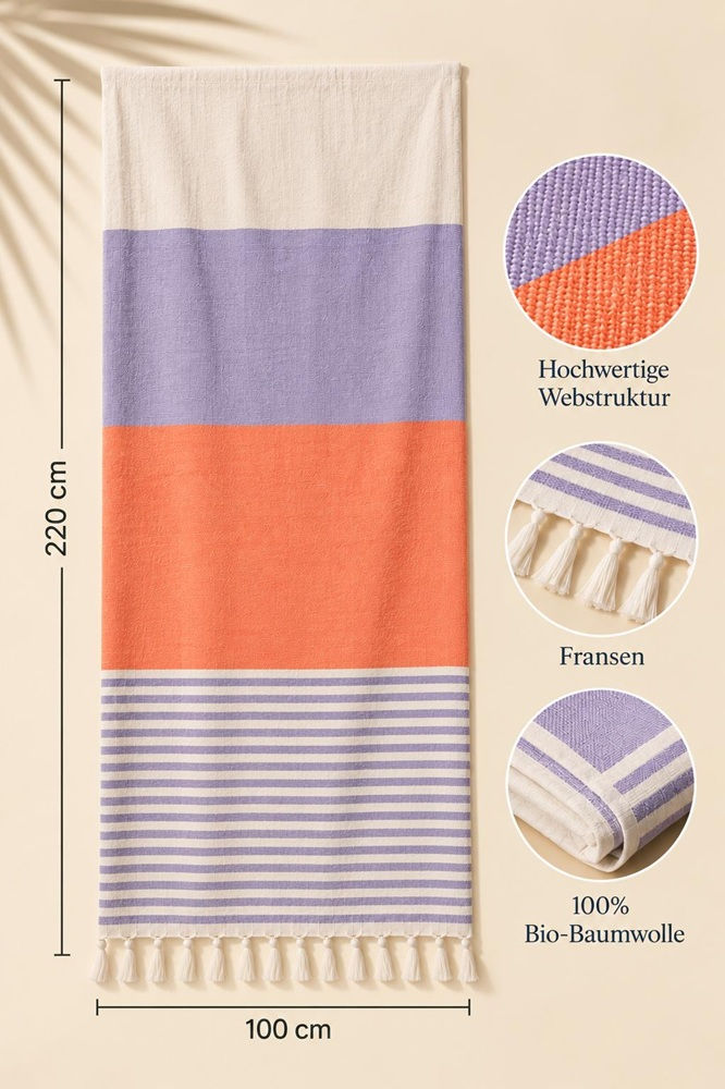 Miniaturbild: Softes Pastell-Strandtuch aus Bio-Baumwolle in Flieder und Aprikose⁠