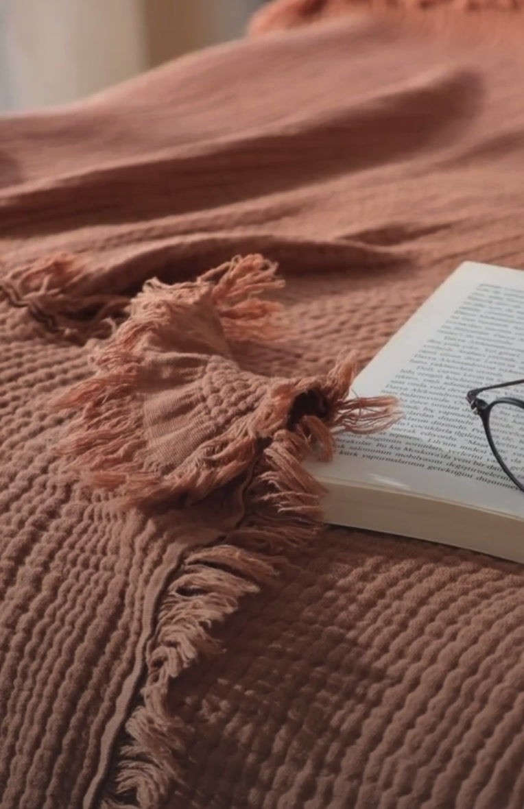 Miniaturbild: Musselin  Wohndecke in Karamell Braun 4 lagig