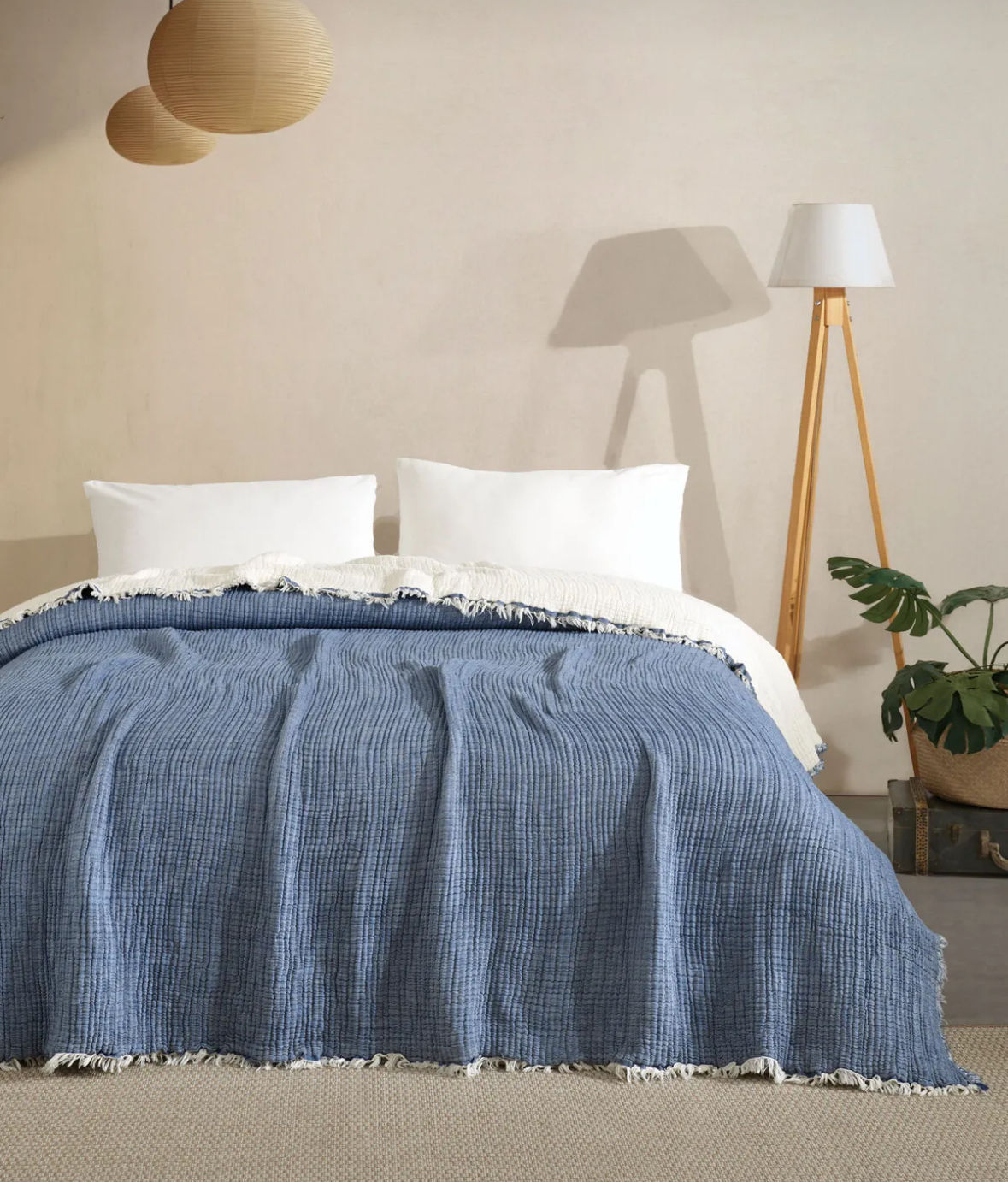 Premium Musselin Wohndecke Double Face Blau/Beige