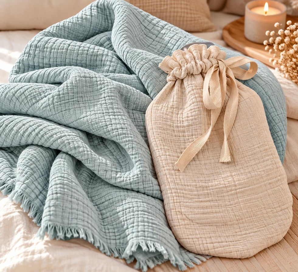Offene Sandiik Home Geschenkebox mit gefalteter Bio-Musselin-Decke, Wärmflaschenbezug und Duftkerze