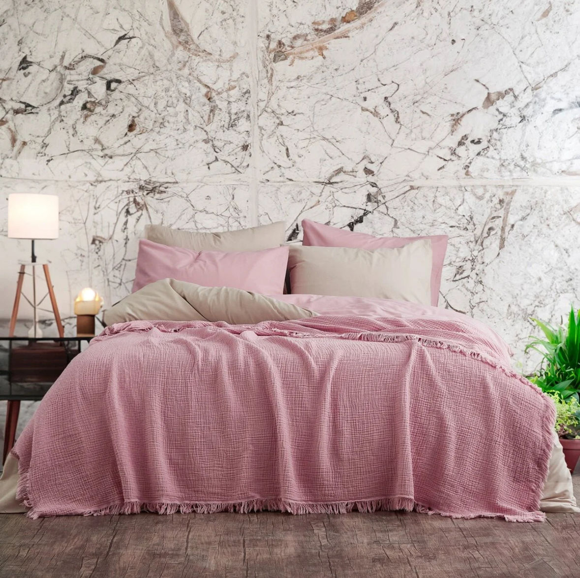 Musselin Wohndecke 4 lagig erdigem Rosa 180x200cm