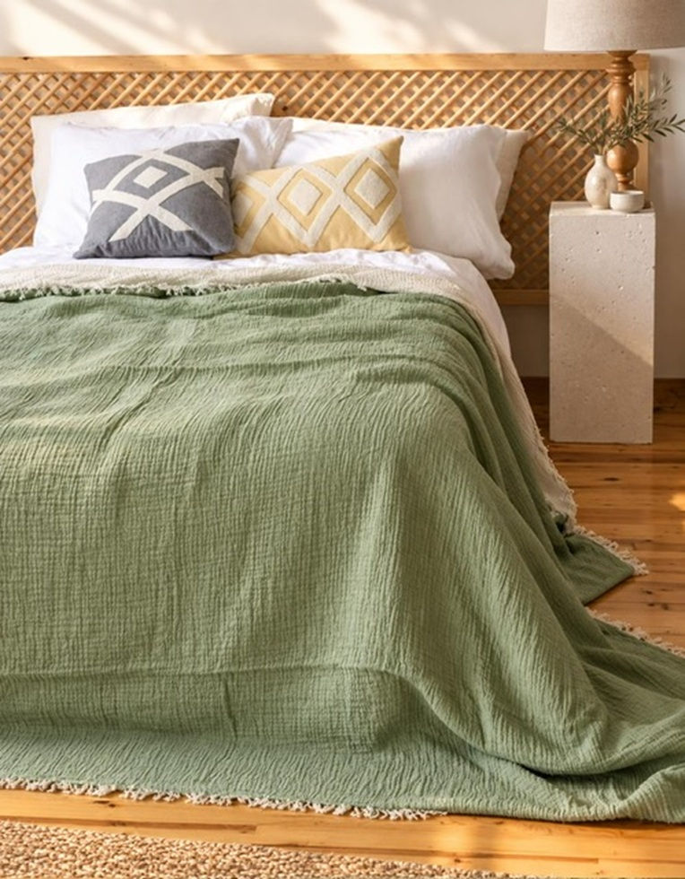 Musselin Wohndecke Grün Beige 200x230 aus Bio-Baumwolle