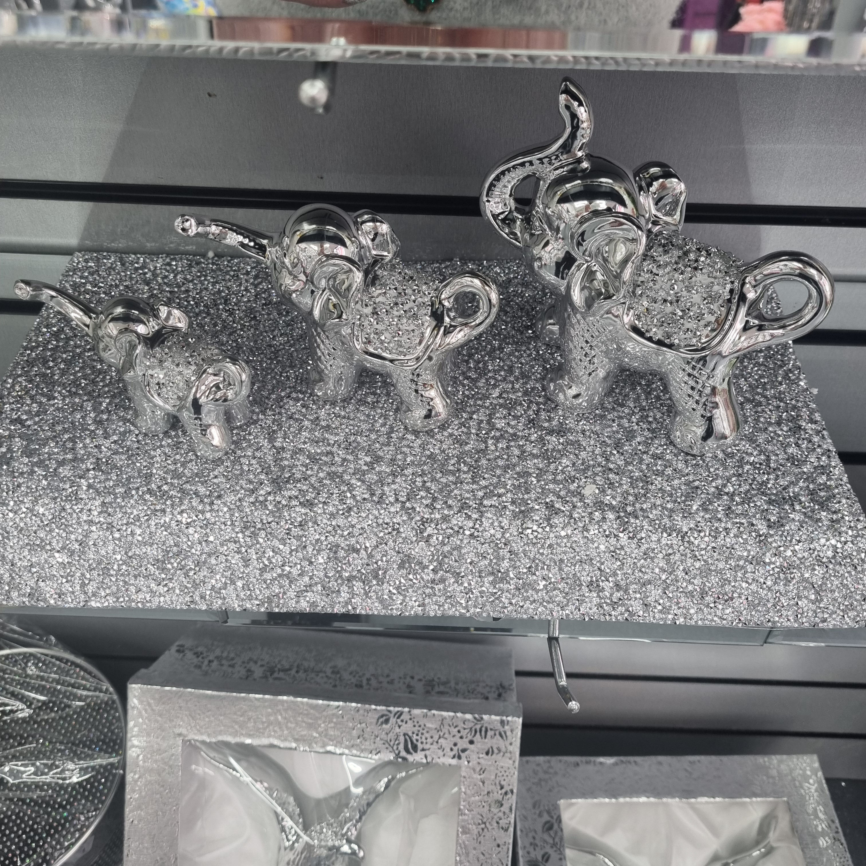 Crushed diamond crystal bling set of 3 elephants 